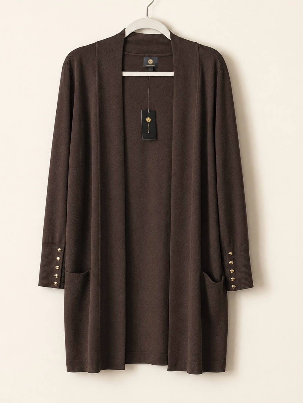 JM‎ Collection Brown Open Front Cardigan Sweater XL Gold Button Sleeve NWT - Picture 2 of 7